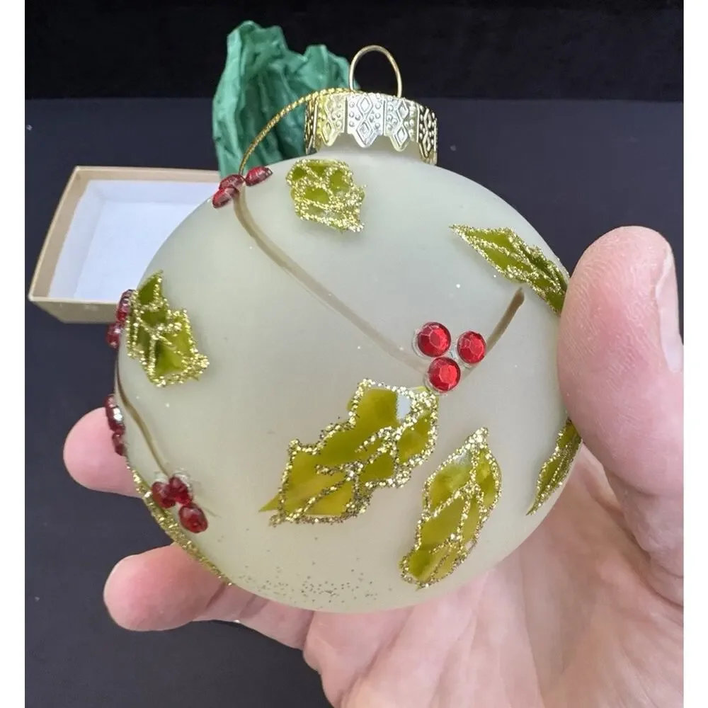 Vintage Pier 1 Christmas Ornament Frosted Jeweled Glass Holly Berries -S1T